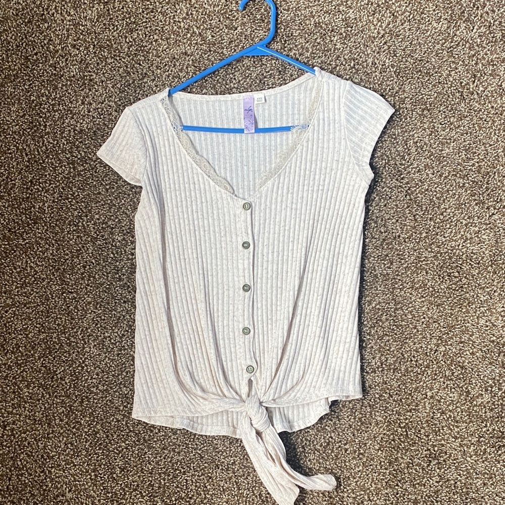 Alya Cream Ribbed Button-Front Tie Waist Top